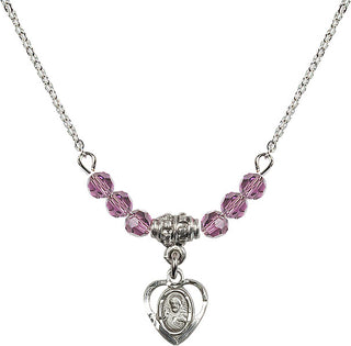 18" Rhodium Plated Necklace with 4mm Light Amethyst Crystal Beads featuring a Sterling Silver Scapular Medal.