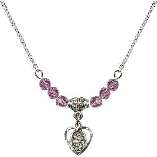 18" Rhodium Plated Necklace with 4mm Light Amethyst Crystal Beads featuring a Sterling Silver Saint Christopher Medal. Engraved Catholic Saint Jewelry