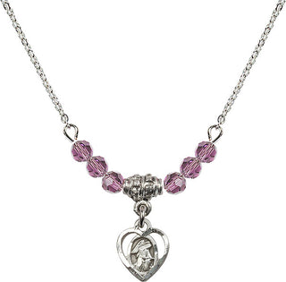 18" Rhodium Plated Necklace with 4mm Light Amethyst Crystal Beads featuring a Sterling Silver Guardian Angel Medal. Engraved Catholic Saint Jewelry