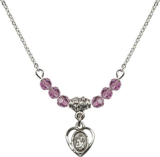 18" Rhodium Plated Necklace with 4mm Light Amethyst Crystal Beads featuring a Sterling Silver Saint Ann Medal. Engraved Catholic Saint Jewelry
