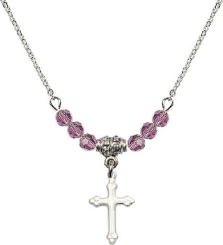 18" Rhodium Plated Necklace with 4mm Light Amethyst Crystal Beads featuring a Sterling Silver Cross Medal.