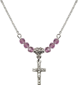 18" Rhodium Plated Necklace with 4mm Light Amethyst Crystal Beads featuring a Sterling Silver Crucifix Medal.