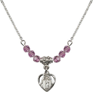 18" Rhodium Plated Necklace with 4mm Light Amethyst Crystal Beads featuring a Sterling Silver Our Lady of Guadalupe Medal.