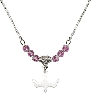 18" Rhodium Plated Necklace with 4mm Light Amethyst Crystal Beads featuring a Sterling Silver Holy Spirit Medal.