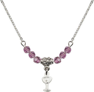 18" Rhodium Plated Necklace with 4mm Light Amethyst Crystal Beads featuring a Sterling Silver Chalice Medal.
