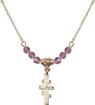 18" Hamilton Gold Plated Necklace with 4mm Light Amethyst Crystal Beads featuring a 14kt Gold Filled Greek Orthadox Cross Medal.