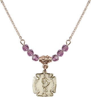18" Hamilton Gold Plated Necklace with 4mm Light Amethyst Crystal Beads featuring a 14kt Gold Filled Saint Florian Medal. Engraved Catholic Saint Jewelry