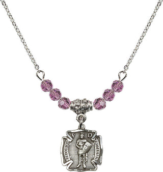 18" Rhodium Plated Necklace with 4mm Light Amethyst Crystal Beads featuring a Sterling Silver Saint Florian Medal. Engraved Catholic Saint Jewelry