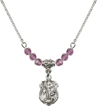 18" Rhodium Plated Necklace with 4mm Light Amethyst Crystal Beads featuring a Sterling Silver Saint Michael the Archangel Medal. Engraved Catholic Saint Jewelry