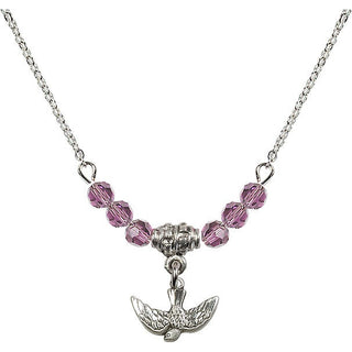 18" Rhodium Plated Necklace with 4mm Light Amethyst Crystal Beads featuring a Sterling Silver Holy Spirit Medal.