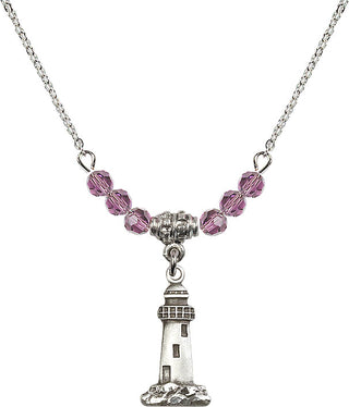 18" Rhodium Plated Necklace with 4mm Light Amethyst Crystal Beads featuring a Sterling Silver Lighthouse Medal.