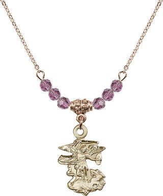 18" Hamilton Gold Plated Necklace with 4mm Light Amethyst Crystal Beads featuring a 14kt Gold Filled Saint Michael the Archangel Medal.
