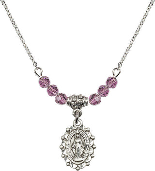 18" Rhodium Plated Necklace with 4mm Light Amethyst Crystal Beads featuring a Sterling Silver Miraculous Medal.