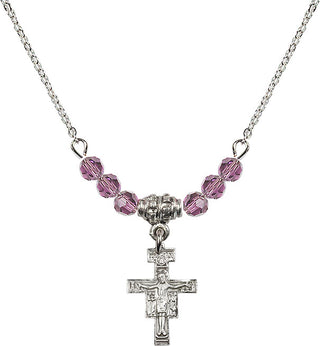 18" Rhodium Plated Necklace with 4mm Light Amethyst Crystal Beads featuring a Sterling Silver San Damiano Crucifix Medal.