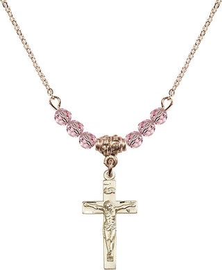 18" Hamilton Gold Plated Necklace with 4mm Light Rose Crystal Beads featuring a 14kt Gold Filled Crucifix Medal.