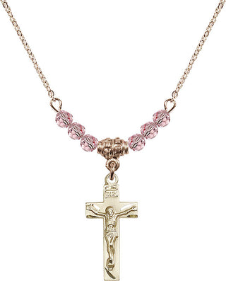 18" Hamilton Gold Plated Necklace with 4mm Light Rose Crystal Beads featuring a 14kt Gold Filled Crucifix Medal.