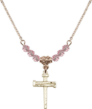 18" Hamilton Gold Plated Necklace with 4mm Light Rose Crystal Beads featuring a 14kt Gold Filled Nail Cross Medal.