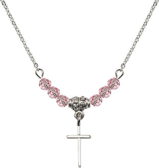 18" Rhodium Plated Necklace with 4mm Light Rose Crystal Beads featuring a Sterling Silver Cross Medal.