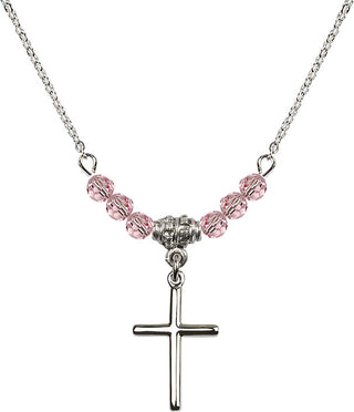 18" Rhodium Plated Necklace with 4mm Light Rose Crystal Beads featuring a Sterling Silver Cross Medal.