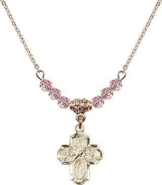 18" Hamilton Gold Plated Necklace with 4mm Light Rose Crystal Beads featuring a 14kt Gold Filled 4-Way Medal.