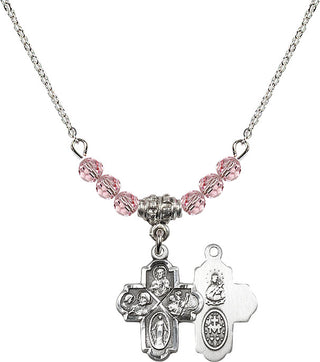 18" Rhodium Plated Necklace with 4mm Light Rose Crystal Beads featuring a Sterling Silver 4-Way Medal.