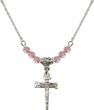 18" Rhodium Plated Necklace with 4mm Light Rose Crystal Beads featuring a Sterling Silver Nail Crucifix Medal.