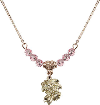 18" Hamilton Gold Plated Necklace with 4mm Light Rose Crystal Beads featuring a 14kt Gold Filled Rose Medal.