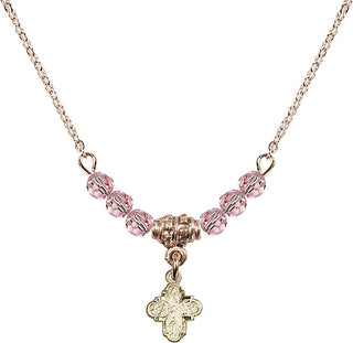 18" Hamilton Gold Plated Necklace with 4mm Light Rose Crystal Beads featuring a 14kt Gold Filled 4-Way Medal.