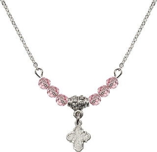 18" Rhodium Plated Necklace with 4mm Light Rose Crystal Beads featuring a Sterling Silver 4-Way Medal.