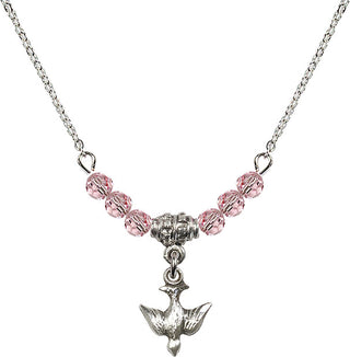 18" Rhodium Plated Necklace with 4mm Light Rose Crystal Beads featuring a Sterling Silver Holy Spirit Medal.