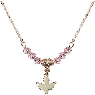 18" Hamilton Gold Plated Necklace with 4mm Light Rose Crystal Beads featuring a 14kt Gold Filled Holy Spirit Medal.