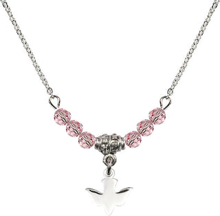 18" Rhodium Plated Necklace with 4mm Light Rose Crystal Beads featuring a Sterling Silver Holy Spirit Medal.