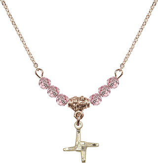 18" Hamilton Gold Plated Necklace with 4mm Light Rose Crystal Beads featuring a 14kt Gold Filled Saint Brigid Cross Medal.