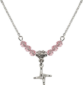 18" Rhodium Plated Necklace with 4mm Light Rose Crystal Beads featuring a Sterling Silver Saint Brigid Cross Medal.