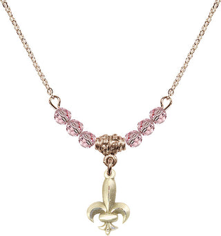 18" Hamilton Gold Plated Necklace with 4mm Light Rose Crystal Beads featuring a 14kt Gold Filled Fleur de Lis Medal.
