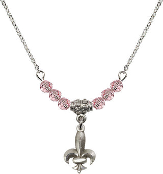 18" Rhodium Plated Necklace with 4mm Light Rose Crystal Beads featuring a Sterling Silver Fleur de Lis Medal.