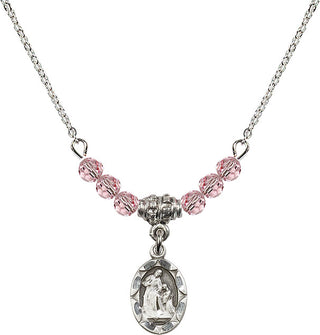18" Rhodium Plated Necklace with 4mm Light Rose Crystal Beads featuring a Sterling Silver Saint Ann Medal.