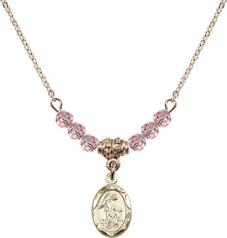 18" Hamilton Gold Plated Necklace with 4mm Light Rose Crystal Beads featuring a 14kt Gold Filled Guardian Angel Medal.