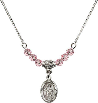 18" Rhodium Plated Necklace with 4mm Light Rose Crystal Beads featuring a Sterling Silver Guardian Angel Medal.