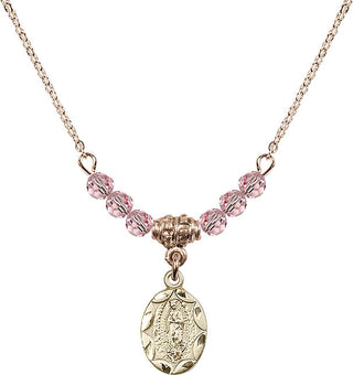 18" Hamilton Gold Plated Necklace with 4mm Light Rose Crystal Beads featuring a 14kt Gold Filled Our Lady of Guadalupe Medal.
