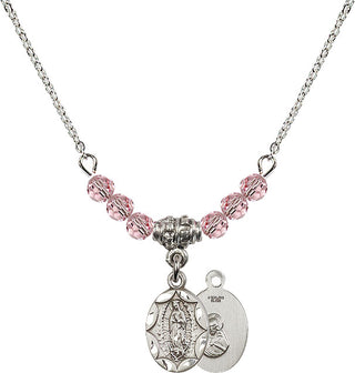 18" Rhodium Plated Necklace with 4mm Light Rose Crystal Beads featuring a Sterling Silver Our Lady of Guadalupe Medal.