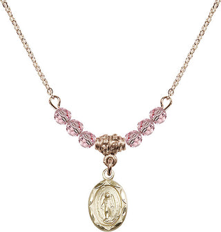18" Hamilton Gold Plated Necklace with 4mm Light Rose Crystal Beads featuring a 14kt Gold Filled Miraculous Medal.