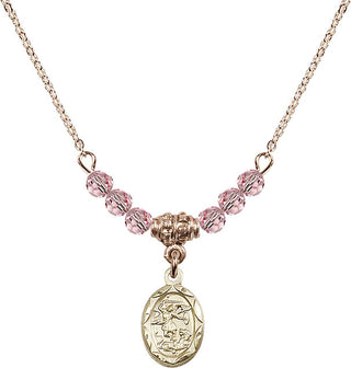 18" Hamilton Gold Plated Necklace with 4mm Light Rose Crystal Beads featuring a 14kt Gold Filled Saint Michael the Archangel Medal.