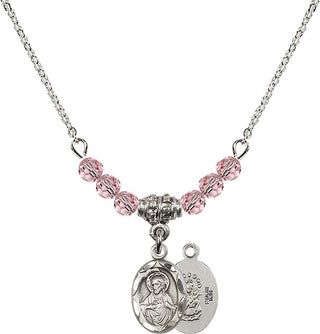 18" Rhodium Plated Necklace with 4mm Light Rose Crystal Beads featuring a Sterling Silver Scapular Medal.
