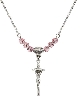 18" Rhodium Plated Necklace with 4mm Light Rose Crystal Beads featuring a Sterling Silver Papal Crucifix Medal.