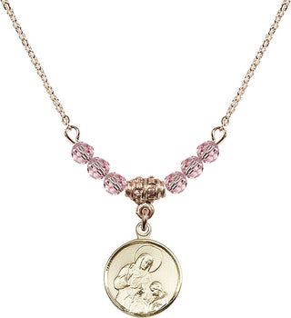 18" Hamilton Gold Plated Necklace with 4mm Light Rose Crystal Beads featuring a 14kt Gold Filled Saint Ann Medal. Engraved Catholic Saint Jewelry