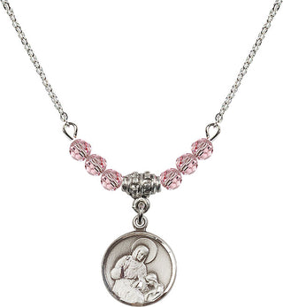 18" Rhodium Plated Necklace with 4mm Light Rose Crystal Beads featuring a Sterling Silver Saint Ann Medal. Engraved Catholic Saint Jewelry