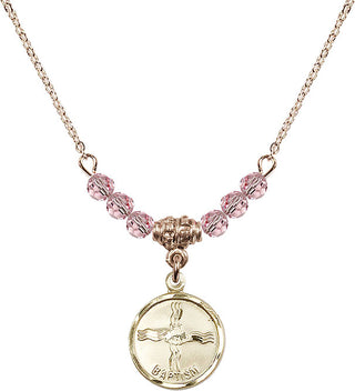 18" Hamilton Gold Plated Necklace with 4mm Light Rose Crystal Beads featuring a 14kt Gold Filled Baptism Medal. Engraved Catholic Saint Jewelry