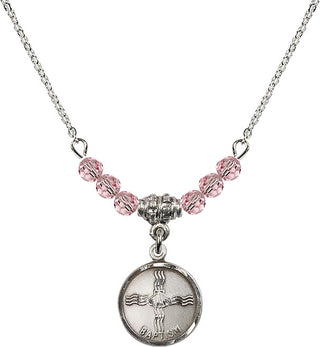 18" Rhodium Plated Necklace with 4mm Light Rose Crystal Beads featuring a Sterling Silver Baptism Medal. Engraved Catholic Saint Jewelry