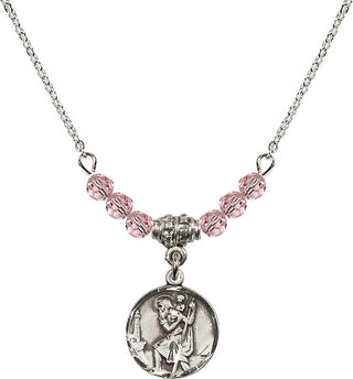 18" Rhodium Plated Necklace with 4mm Light Rose Crystal Beads featuring a Sterling Silver Saint Christopher Medal. Engraved Catholic Saint Jewelry